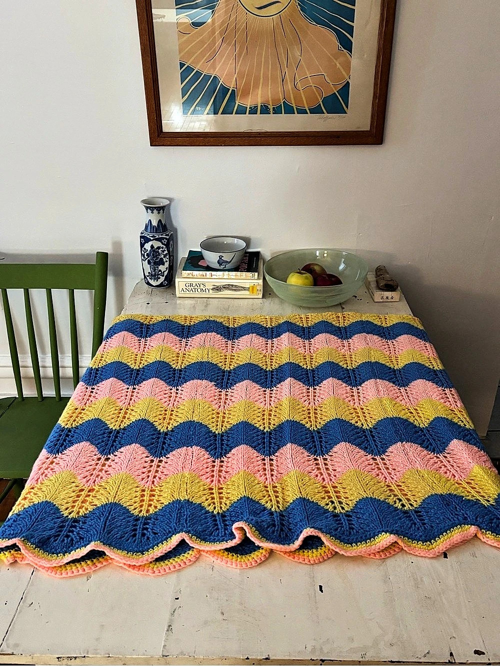 Handmade Crochet Throw in a Blue & Pink wave pattern